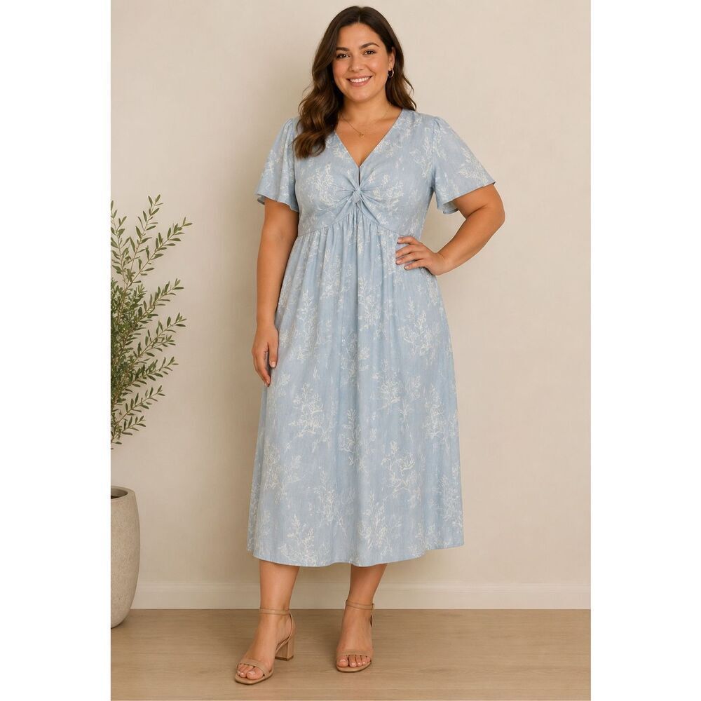 Charlie Paige Linen Blend Baby Blue Floral Midi Dress XL Coastal Boho #700